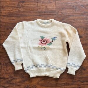 Vintage Girls Cream Floral Knit Sweater | Medium / 8-10